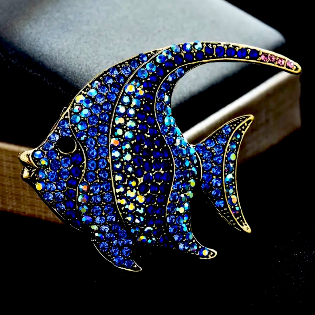 Elegant Blue Rhinestone Angel Fish Brooch Nwt